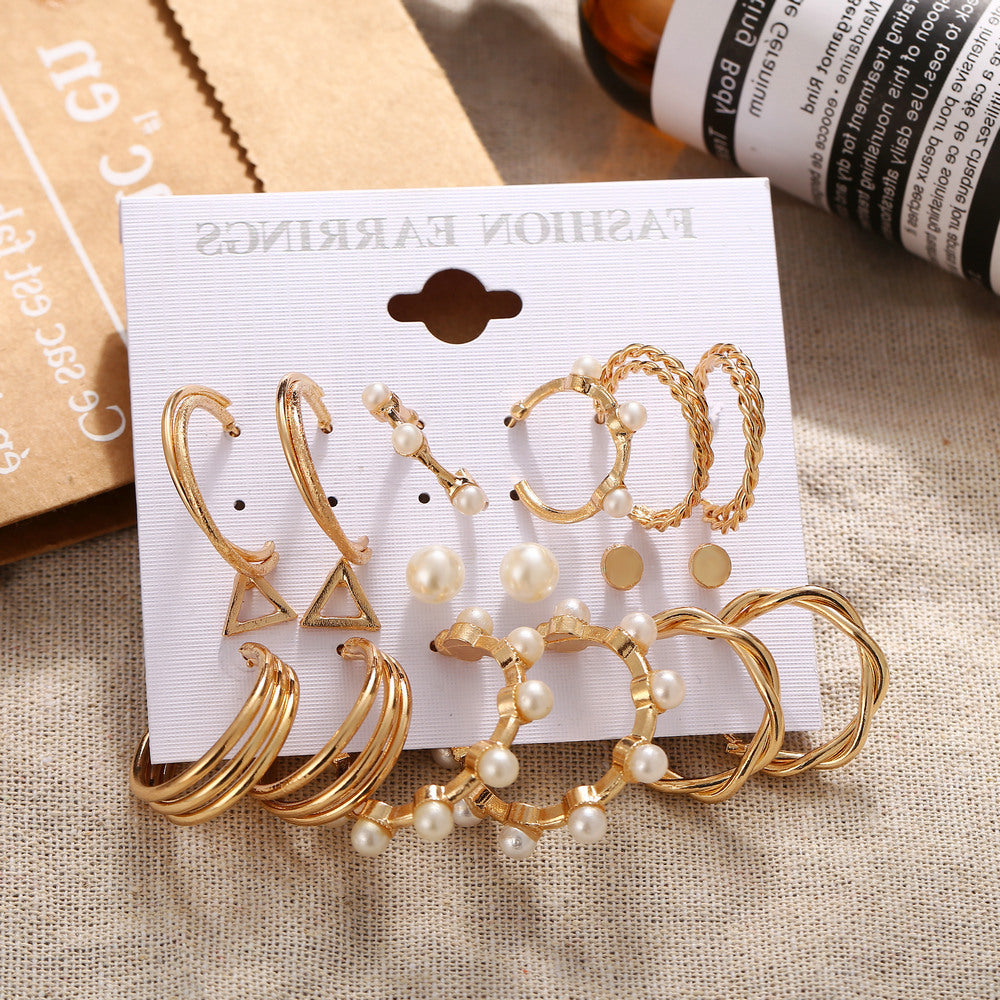 Nine Pairs Of Creative Retro Pearl Ring Earrings Set Summer Beauty